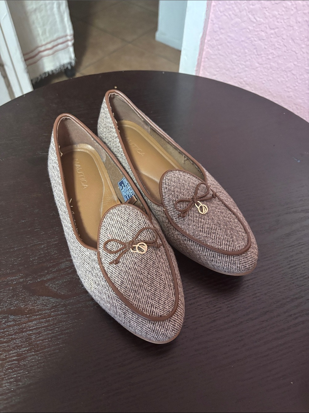 Nautica Women's Tan/Brown Herringbone Loafers with Bow Accent